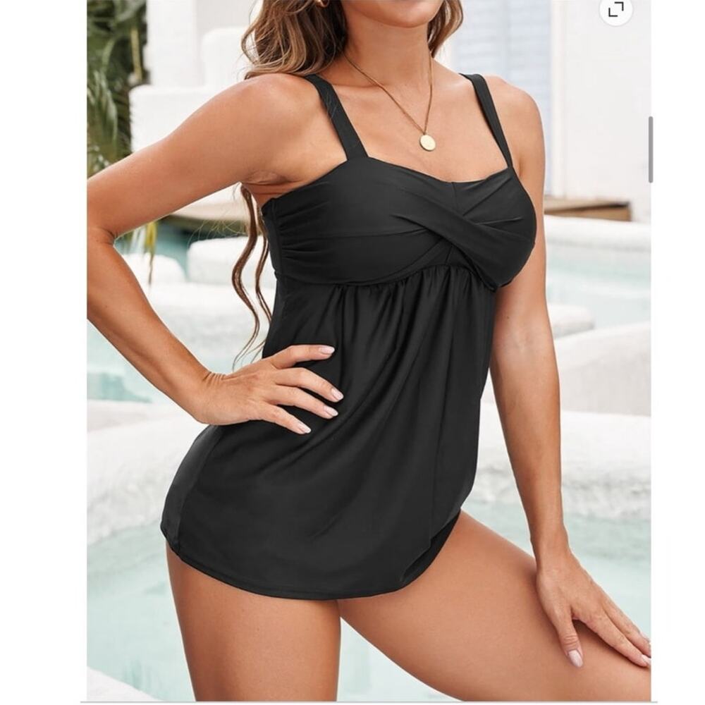 NWT ~ Women's Black 2pc Tankini Swimsuit Summer Bathing Suit ~ Size LARGE